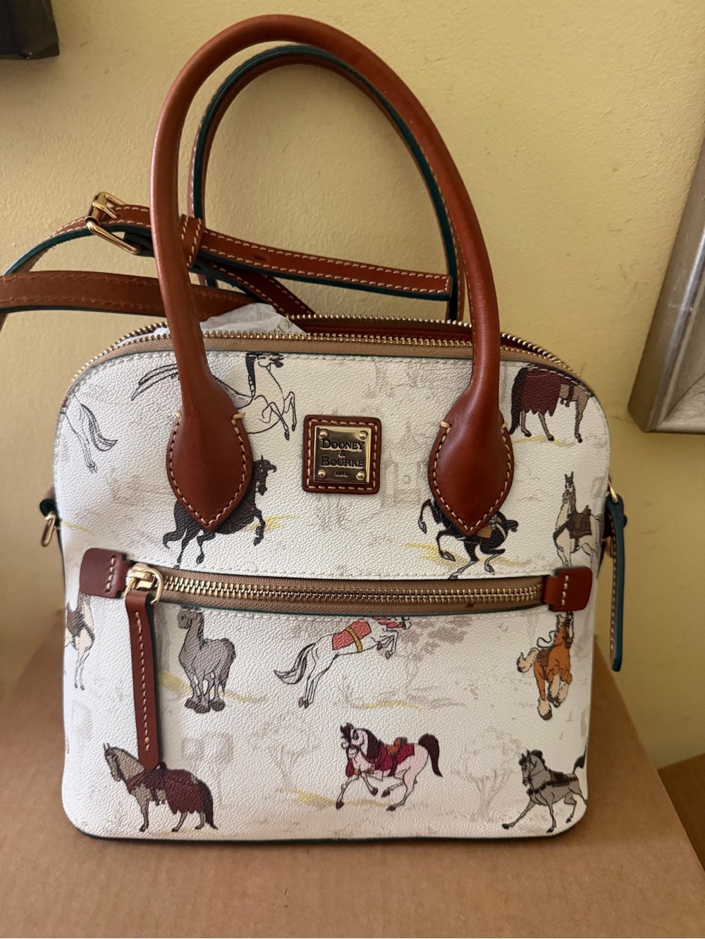 Dooney & Bourke White Horse Print Dome Satchel with Brown Trim